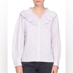 Sandro Lavender Checkered Ruffle Blouse - Purple, grey, white